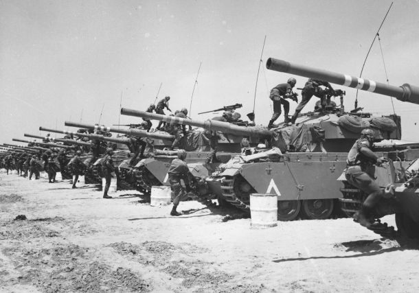 June 1967: Israeli Centurion tank corps prepare for battle during the Six-Day War. (Photo by Three Lions/Getty Images)